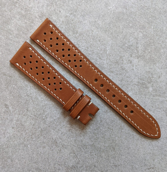 Barenia Rally Calfskin Watch Strap - Mid Brown w/cream stitching