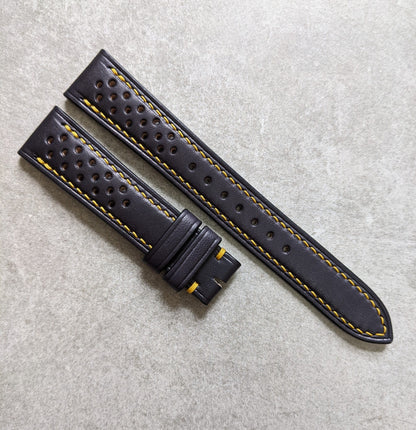 French Calfskin Rally Watch Strap - Black W/Yellow Stitching