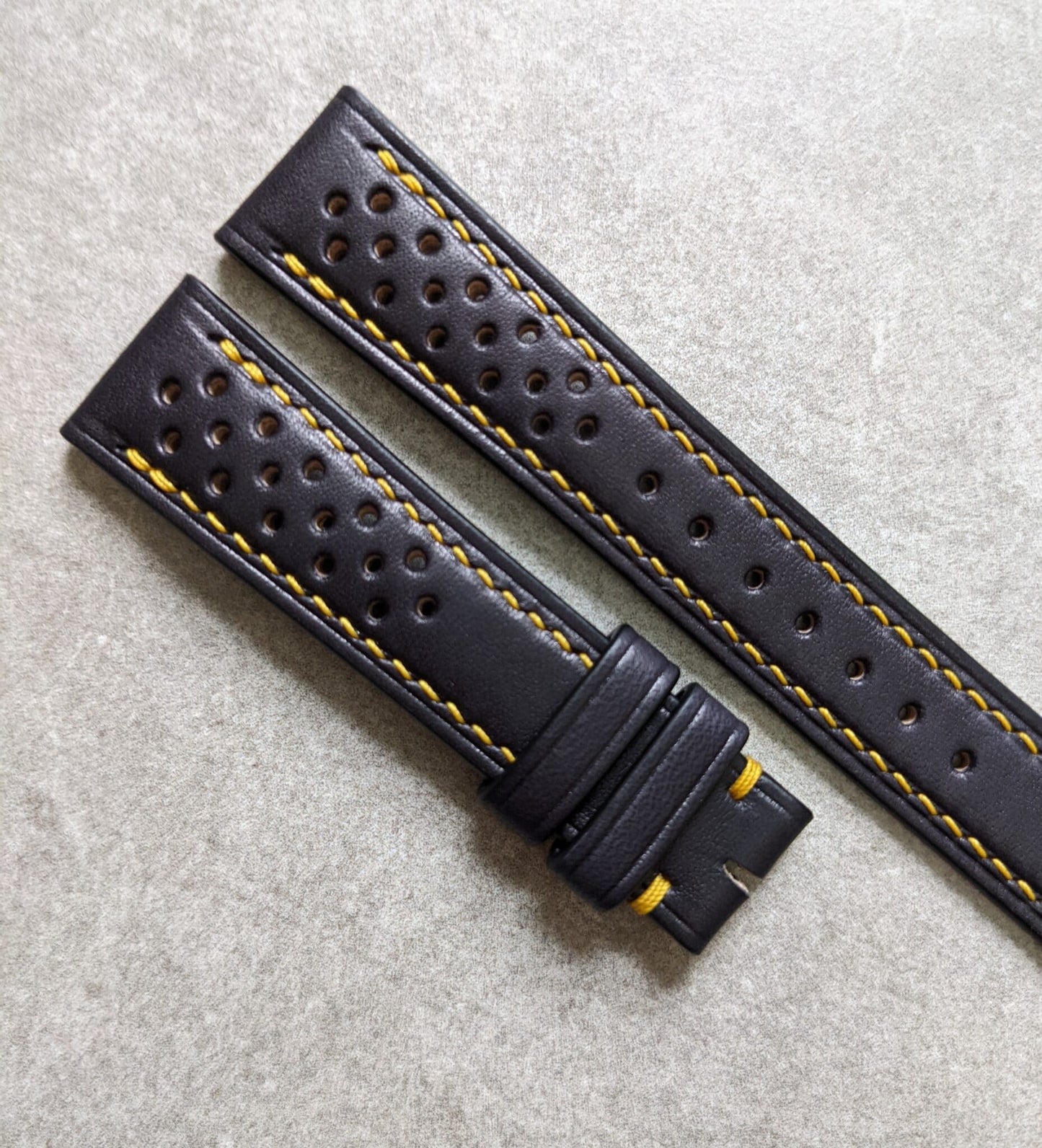 French Calfskin Rally Watch Strap - Black W/Yellow Stitching