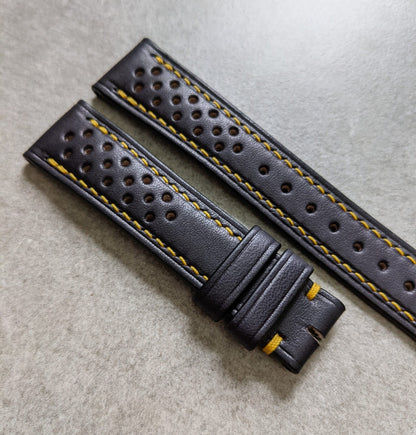 French Calfskin Rally Watch Strap - Black W/Yellow Stitching