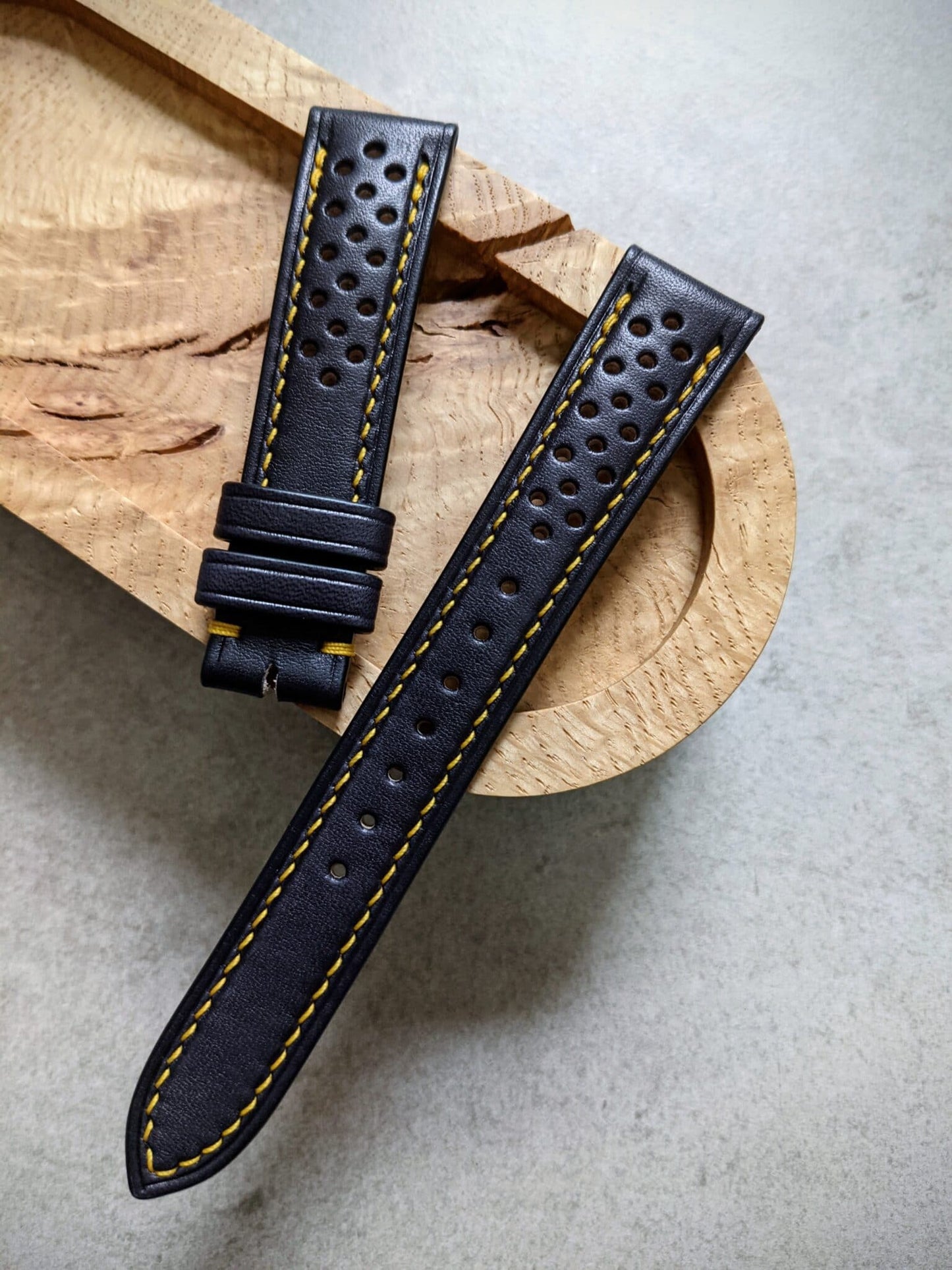 French Calfskin Rally Watch Strap - Black W/Yellow Stitching