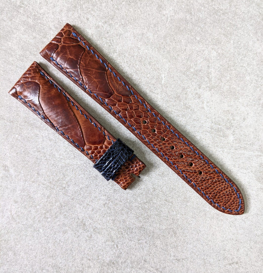 Ostrich Shin Watch Strap - Cognac w/Navy Stitching & keepers