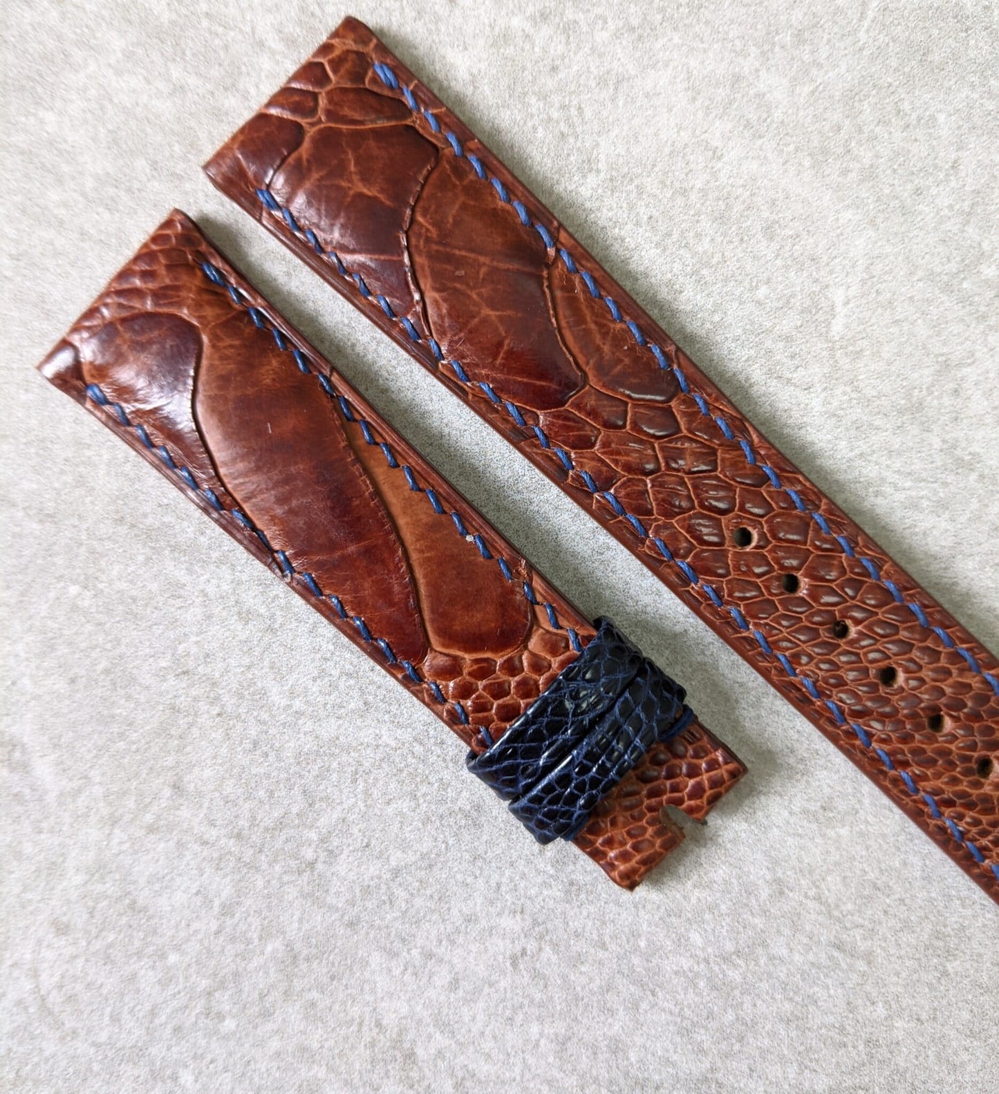 Ostrich Shin Watch Strap - Cognac w/Navy Stitching & keepers