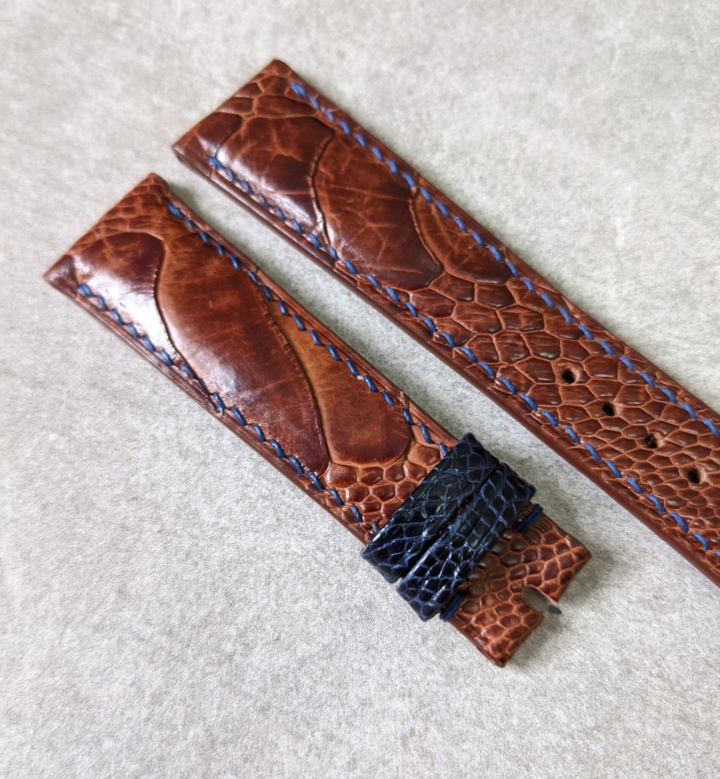 Ostrich Shin Watch Strap - Cognac w/Navy Stitching & keepers