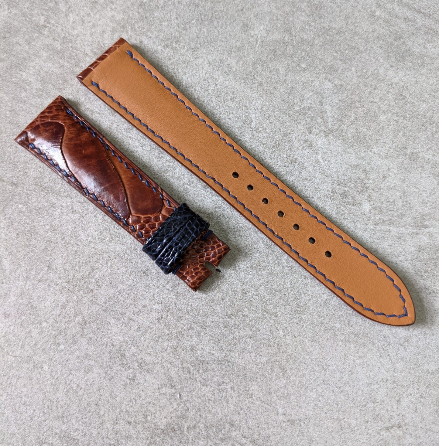 Ostrich Shin Watch Strap - Cognac w/Navy Stitching & keepers