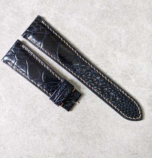 Ostrich Shin Padded Watch Strap - Midnight Blue W/Beige Stitching