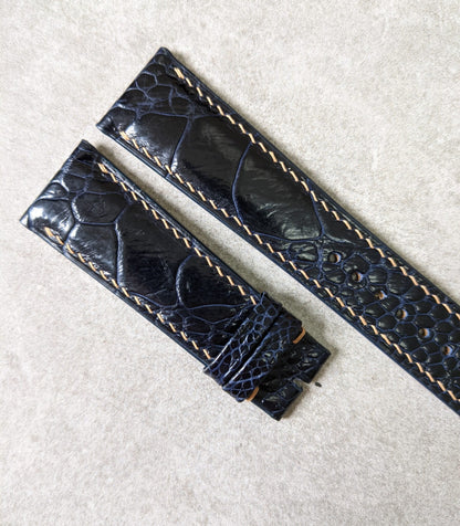 Ostrich Shin Padded Watch Strap - Midnight Blue W/Beige Stitching