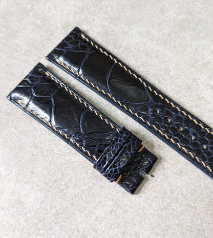 Ostrich Shin Padded Watch Strap - Midnight Blue W/Beige Stitching