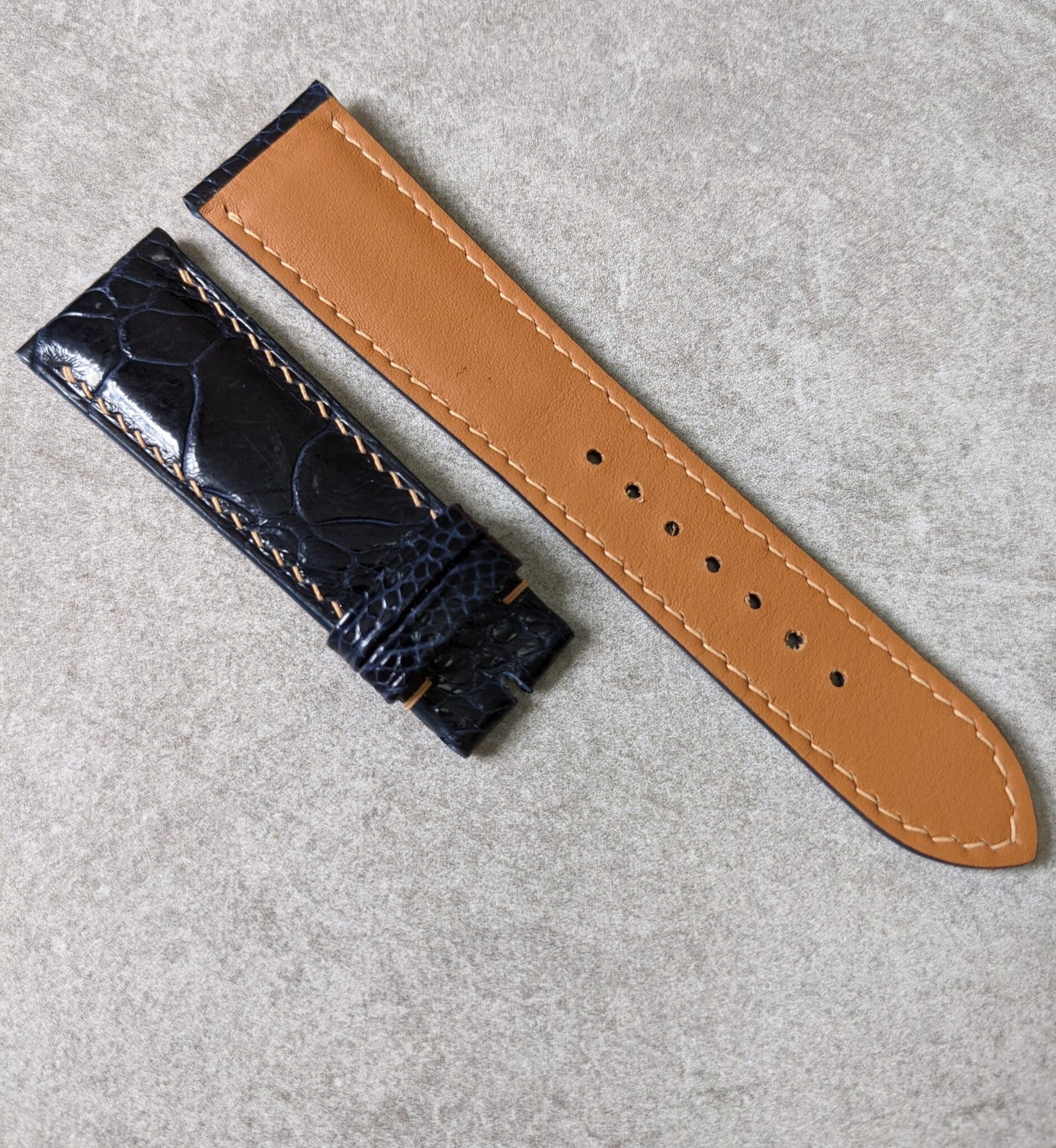 Ostrich Shin Padded Watch Strap - Midnight Blue W/Beige Stitching