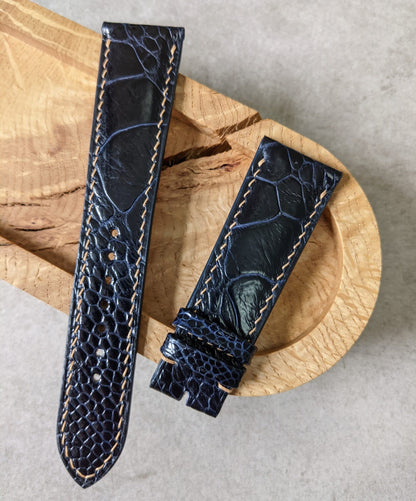 Ostrich Shin Padded Watch Strap - Midnight Blue W/Beige Stitching