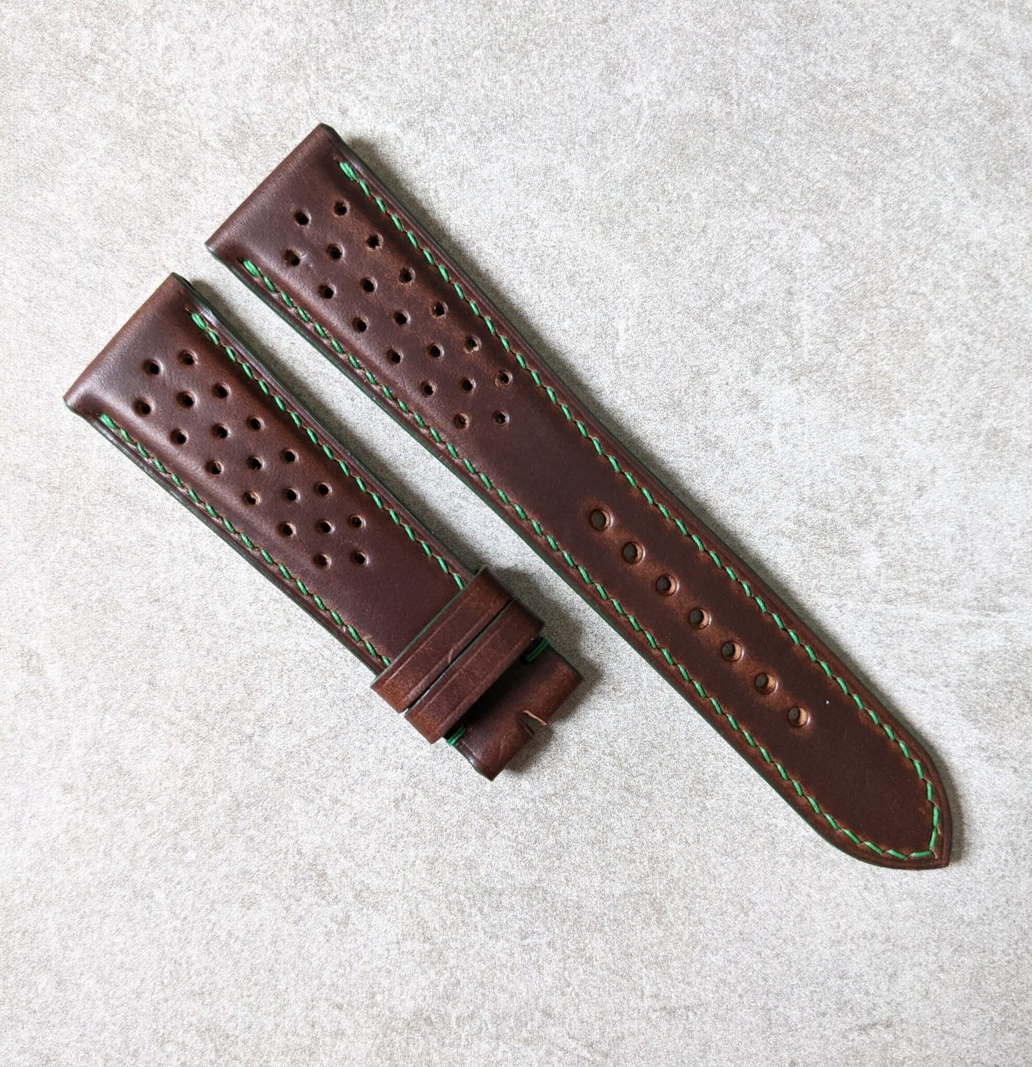 Horween Rally Calfskin Watch Strap - Brown w/green stitching & edges