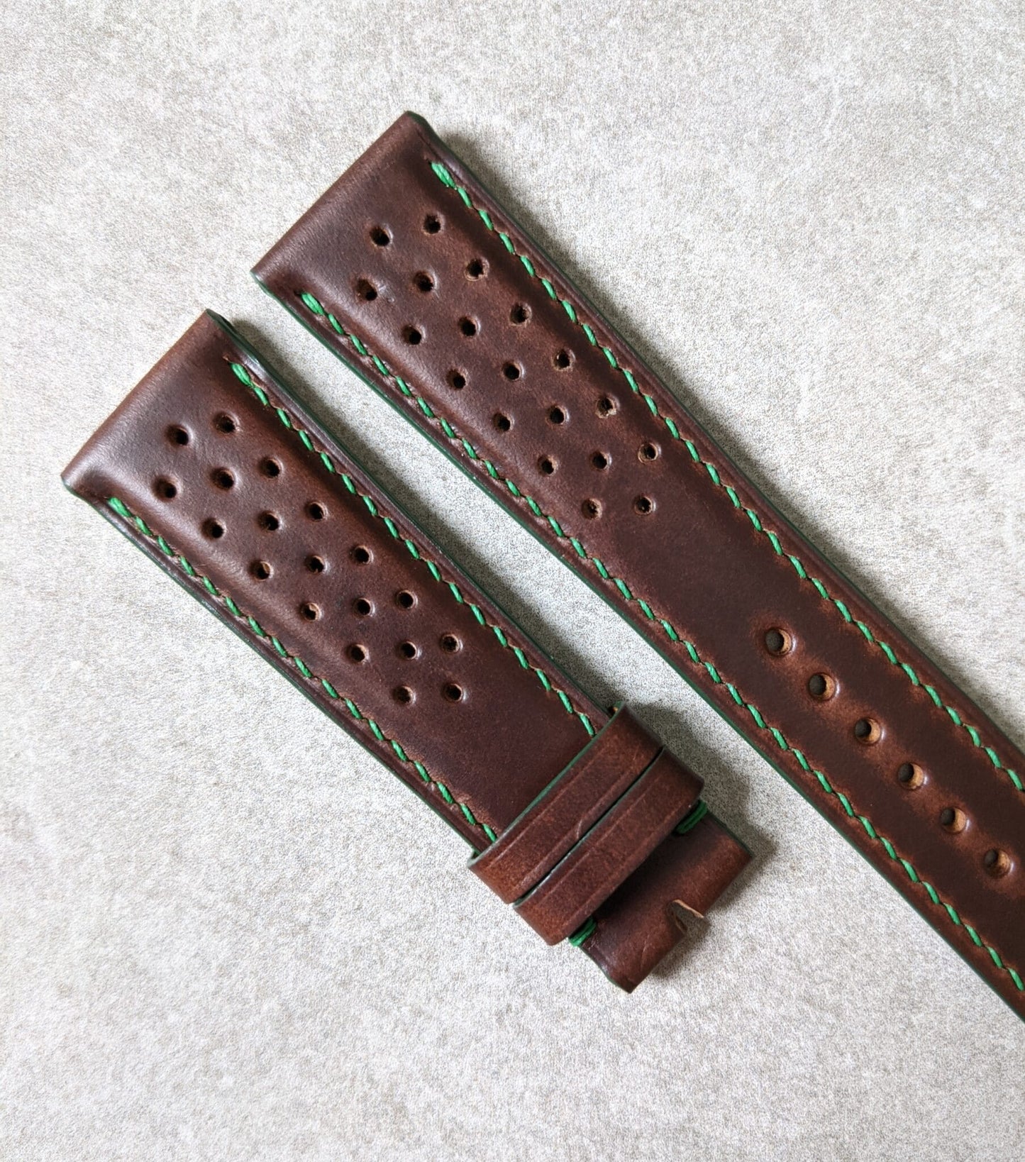 Horween Rally Calfskin Watch Strap - Brown w/green stitching & edges