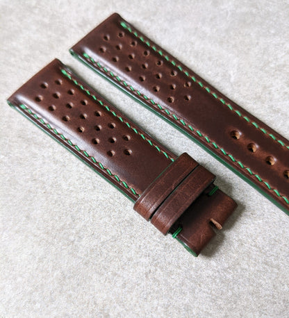 Horween Rally Calfskin Watch Strap - Brown w/green stitching & edges