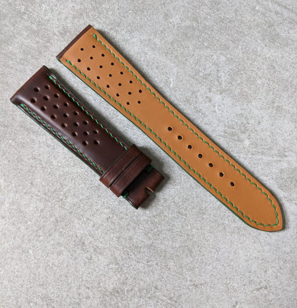 Horween Rally Calfskin Watch Strap - Brown w/green stitching & edges