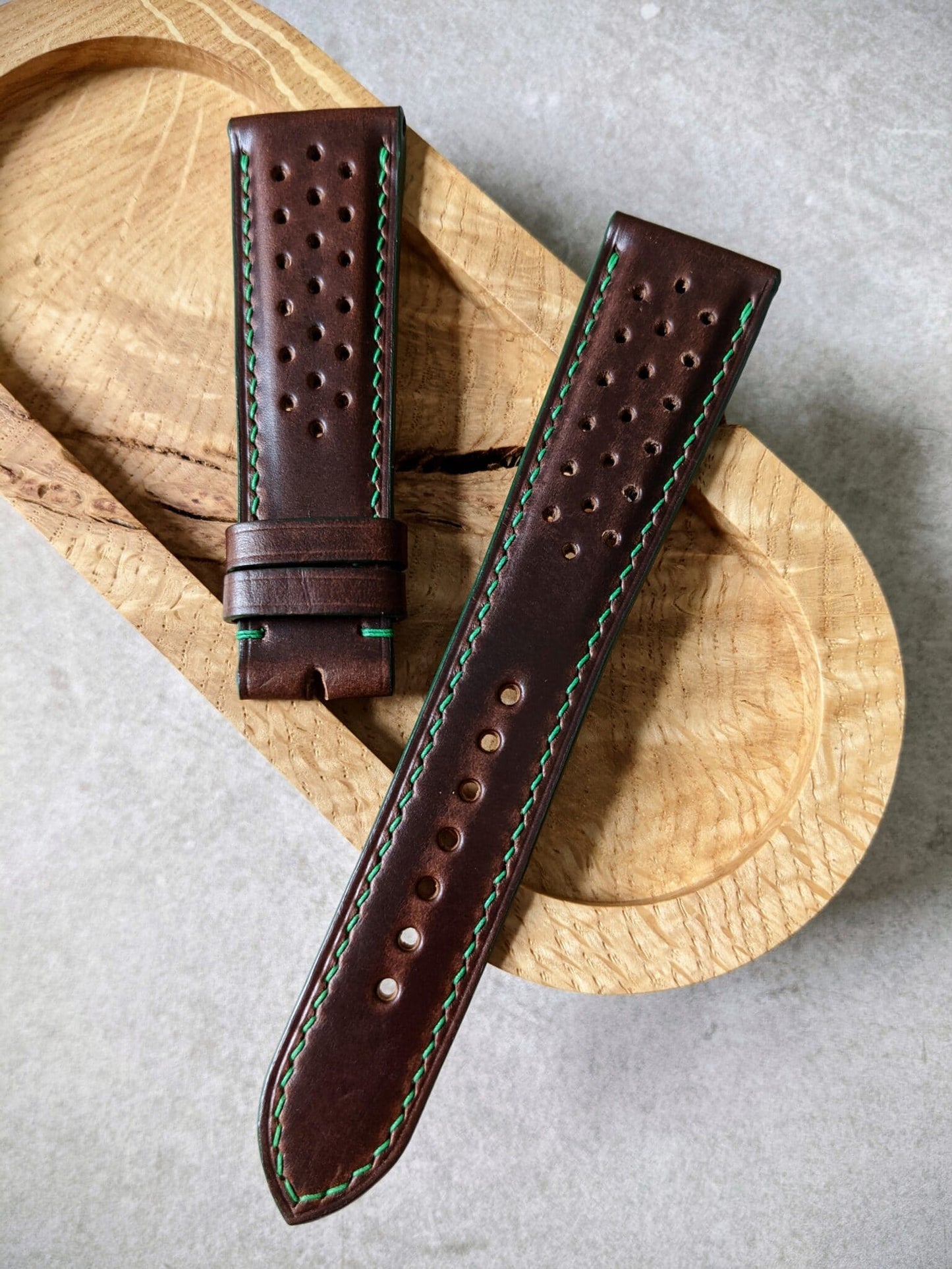 Horween Rally Calfskin Watch Strap - Brown w/green stitching & edges