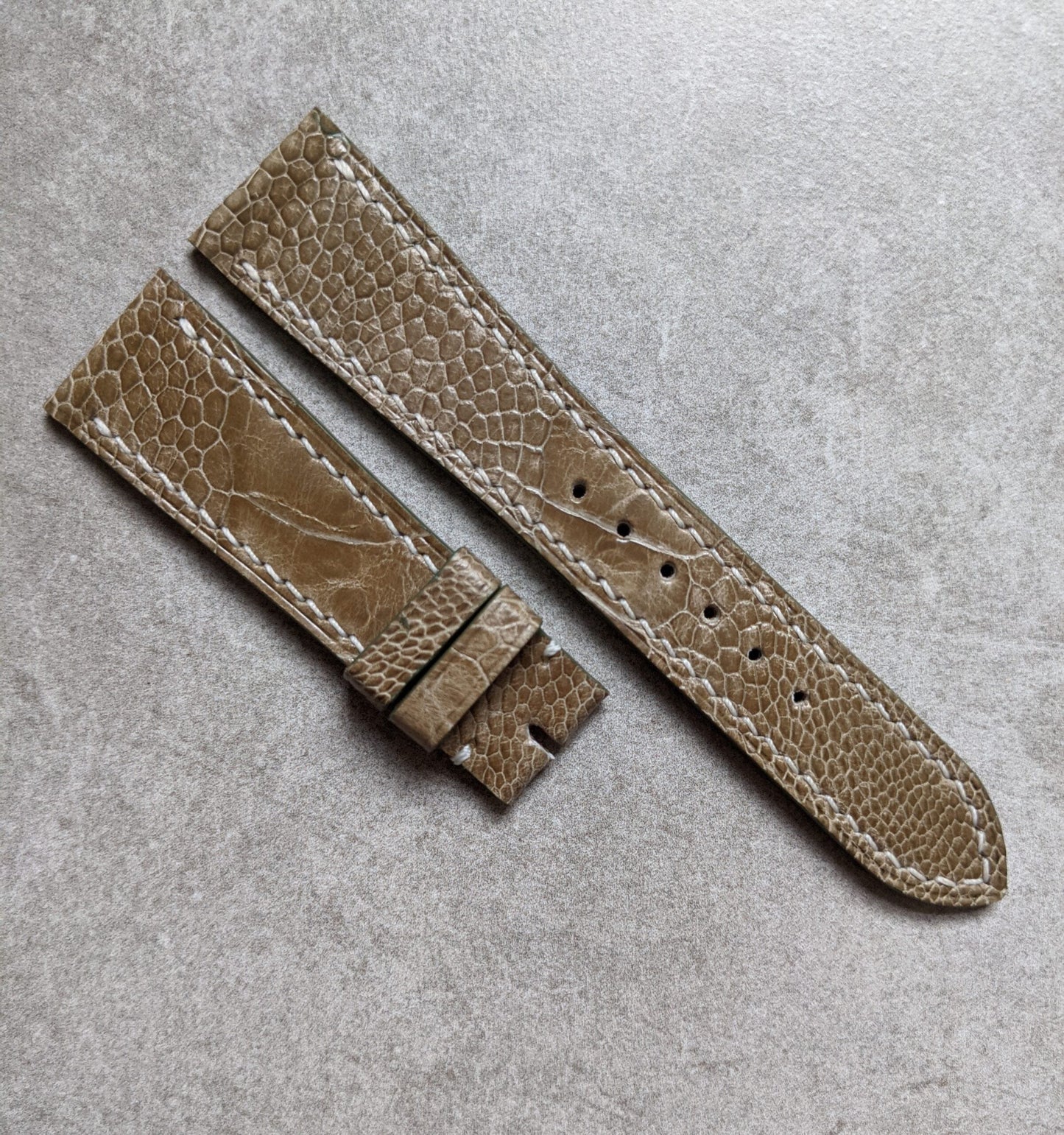 Ostrich Shin, Flat Watch Strap - Olive W/Cream stitching