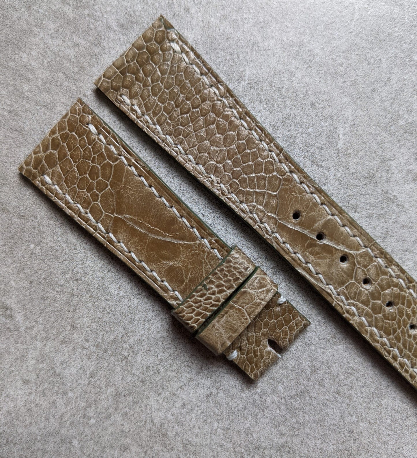 Ostrich Shin, Flat Watch Strap - Olive W/Cream stitching