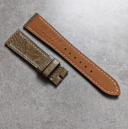 Ostrich Shin, Flat Watch Strap - Olive W/Cream stitching