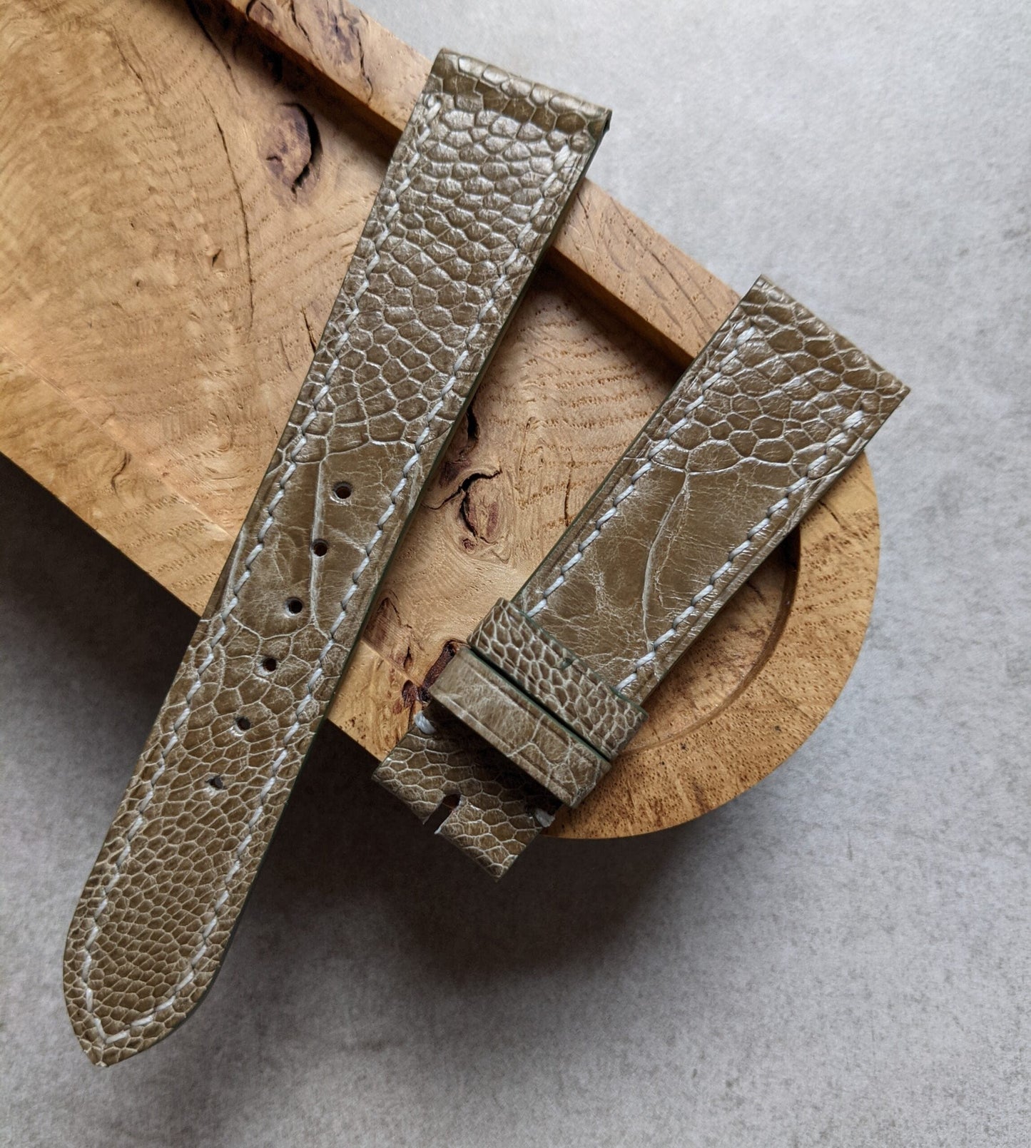 Ostrich Shin, Flat Watch Strap - Olive W/Cream stitching