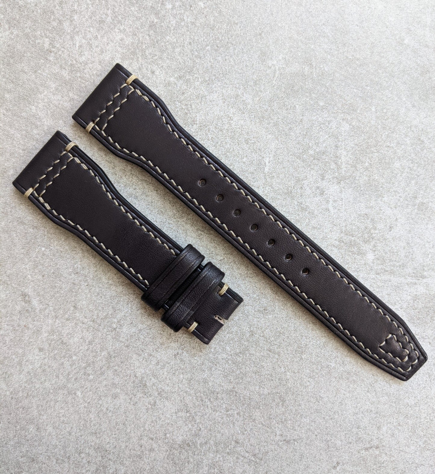 French Calfskin IWC Style Strap - Black W/Sandstone Stitching