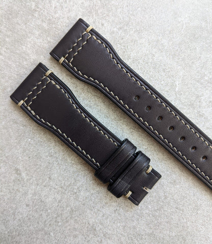 French Calfskin IWC Style Strap - Black W/Sandstone Stitching