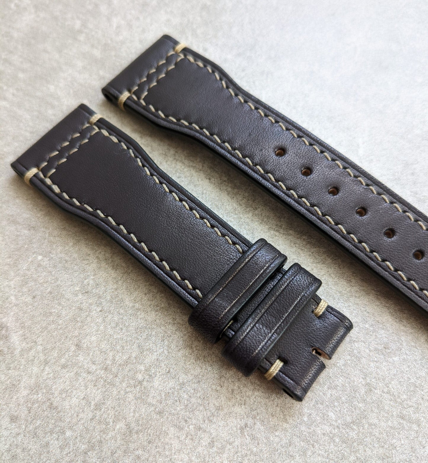 French Calfskin IWC Style Strap - Black W/Sandstone Stitching