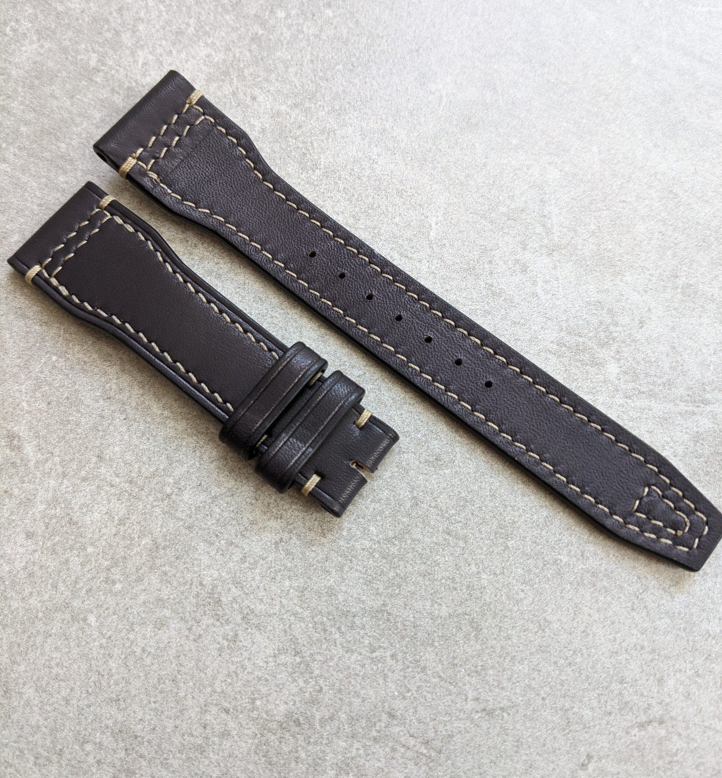 French Calfskin IWC Style Strap - Black W/Sandstone Stitching