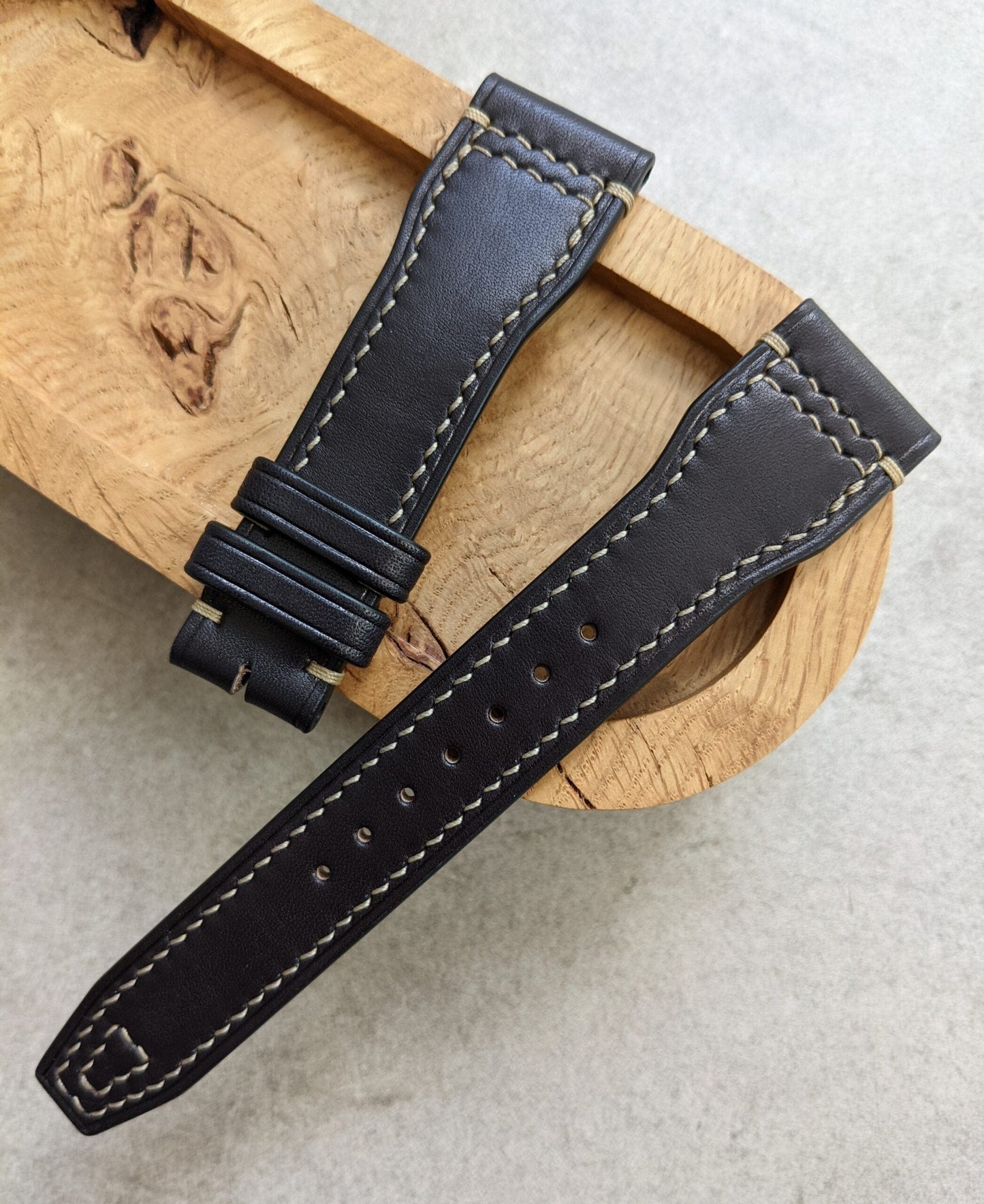 French Calfskin IWC Style Strap - Black W/Sandstone Stitching