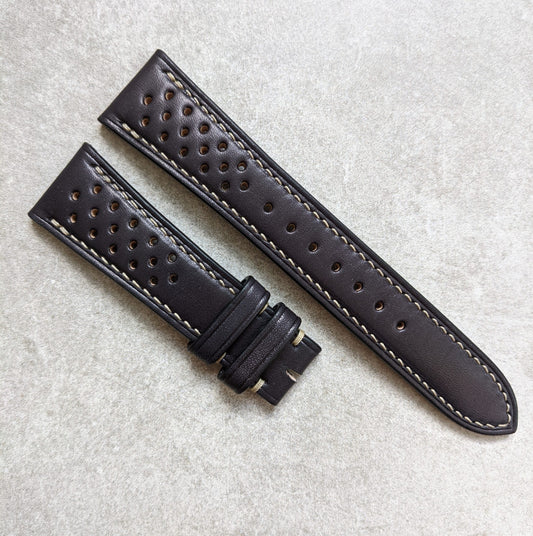 French Calfskin Rally Watch Strap - Black W/Sandstone Stitching