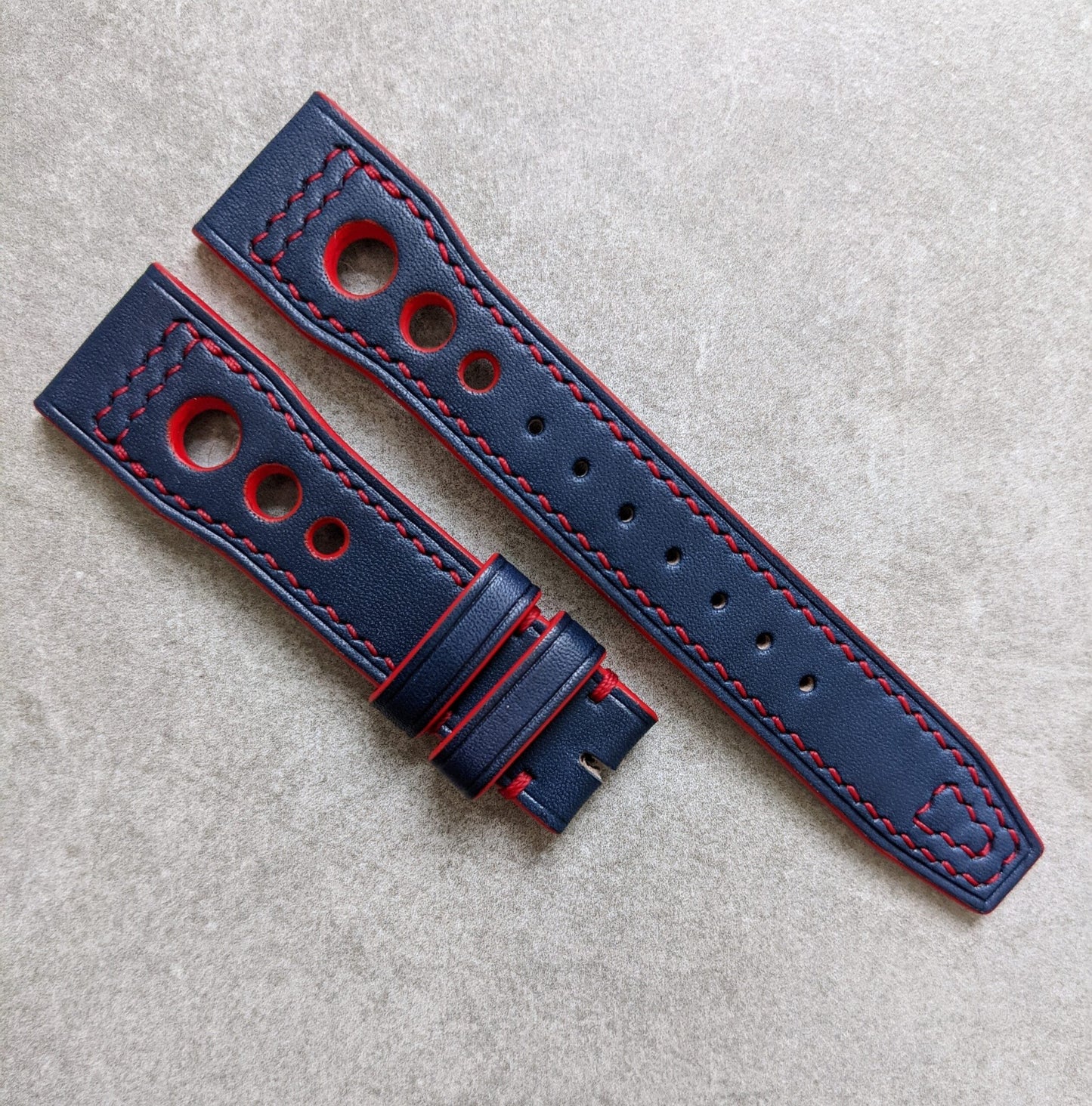 French Calfskin IWC Rally Style Strap - Navy Blue w/red stitching