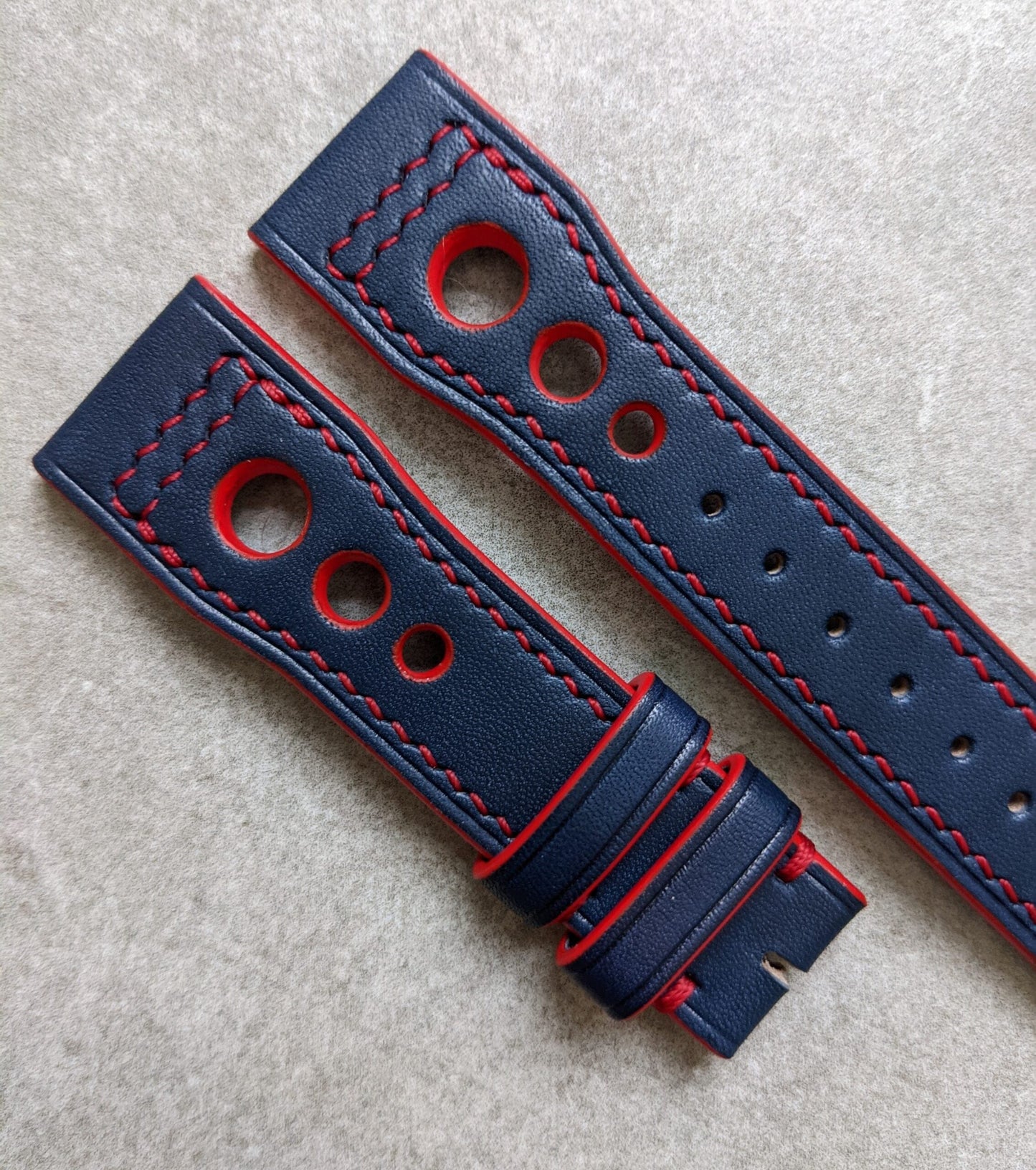 French Calfskin IWC Rally Style Strap - Navy Blue w/red stitching