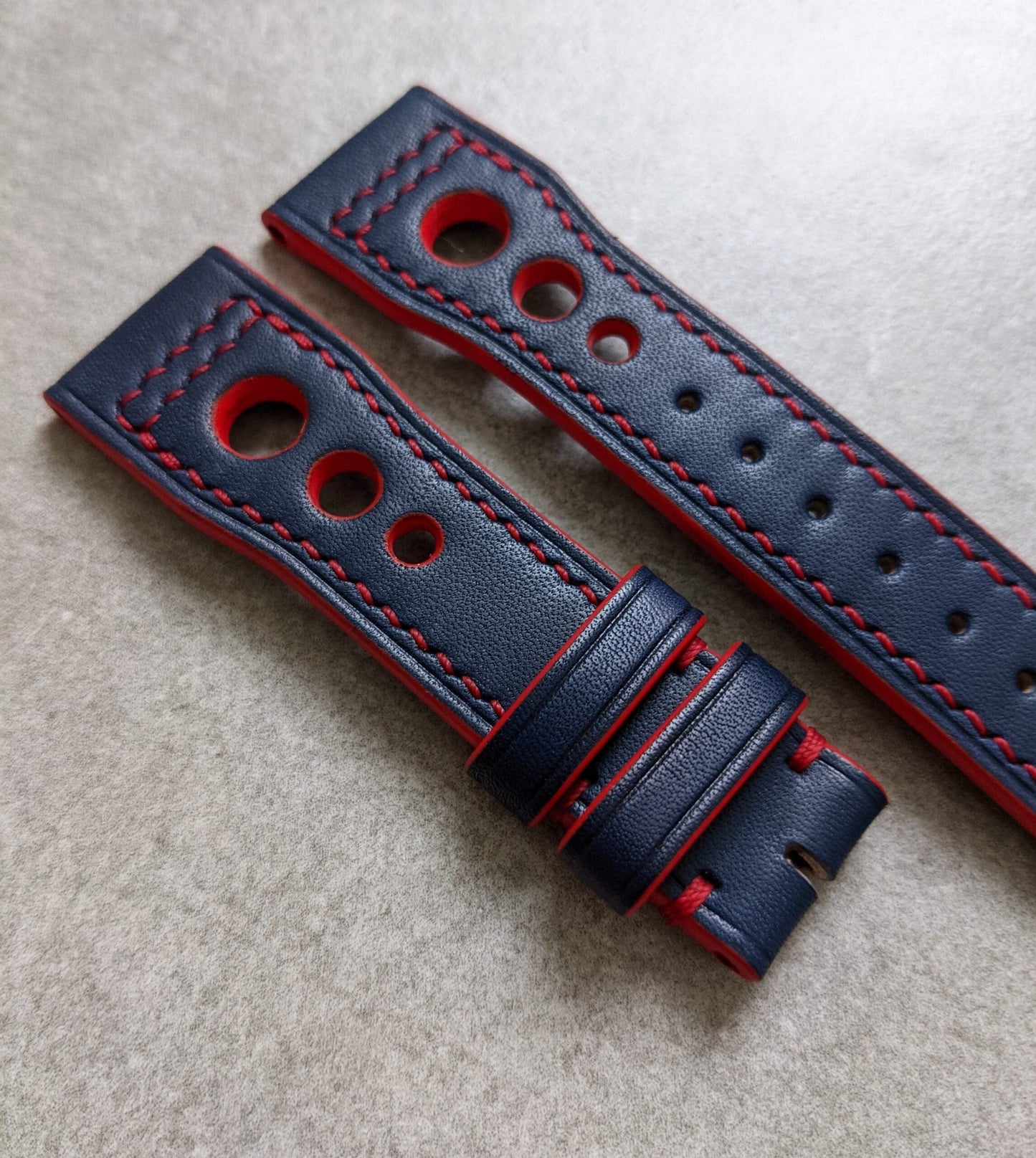 French Calfskin IWC Rally Style Strap - Navy Blue w/red stitching