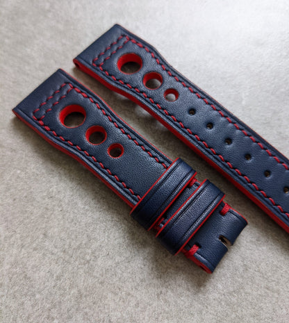 French Calfskin IWC Rally Style Strap - Navy Blue w/red stitching