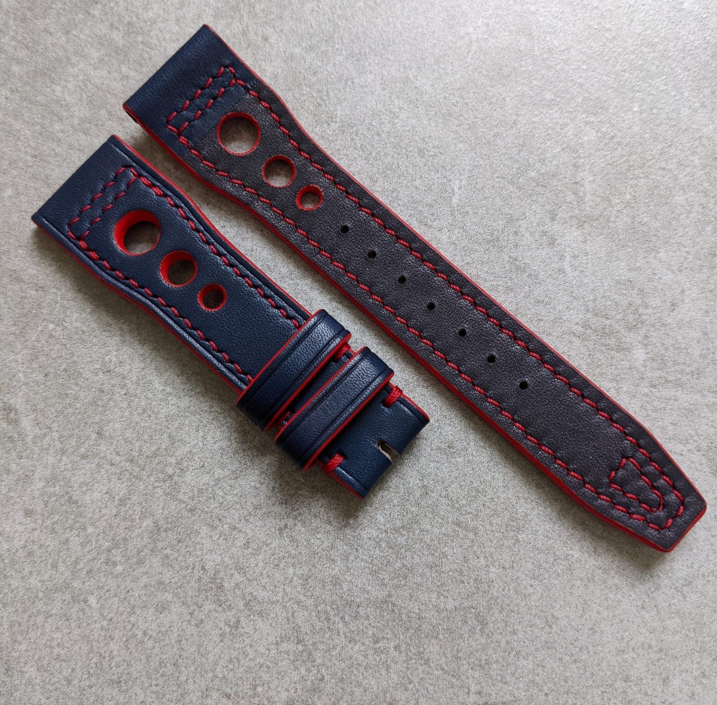 French Calfskin IWC Rally Style Strap - Navy Blue w/red stitching