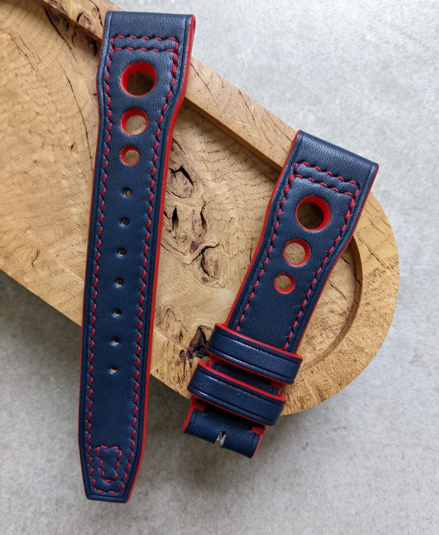 French Calfskin IWC Rally Style Strap - Navy Blue w/red stitching