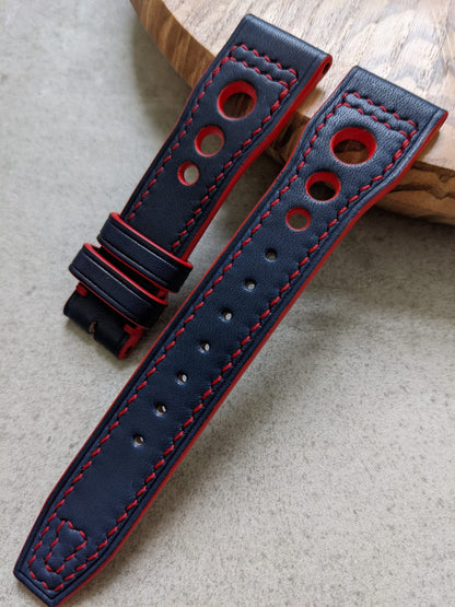 French Calfskin IWC Rally Style Strap - Navy Blue w/red stitching