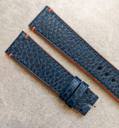 Pebbled Strap - Navy Blue - Orange Lug stitches & Edges