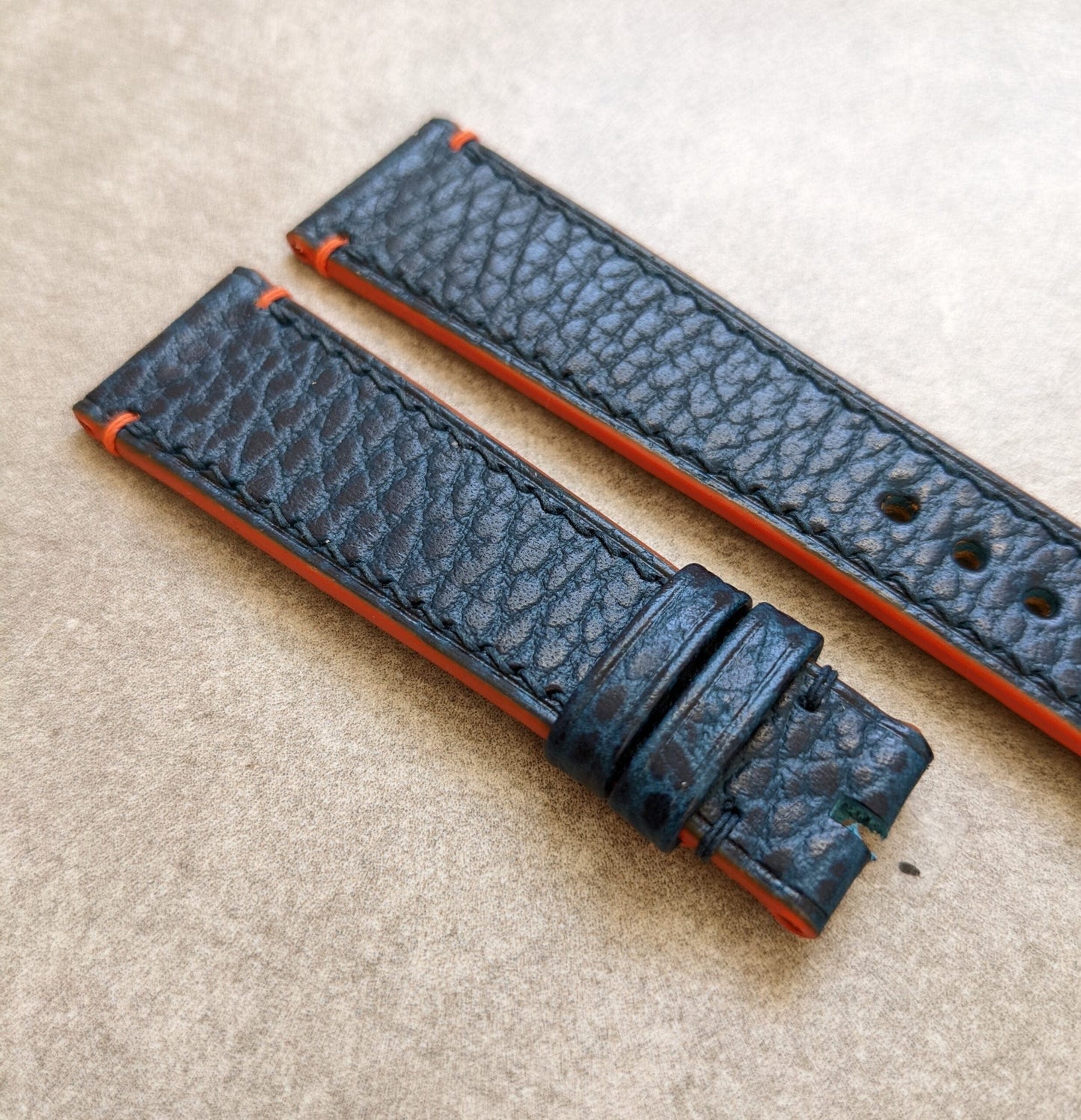 Pebbled Strap - Navy Blue - Orange Lug stitches & Edges