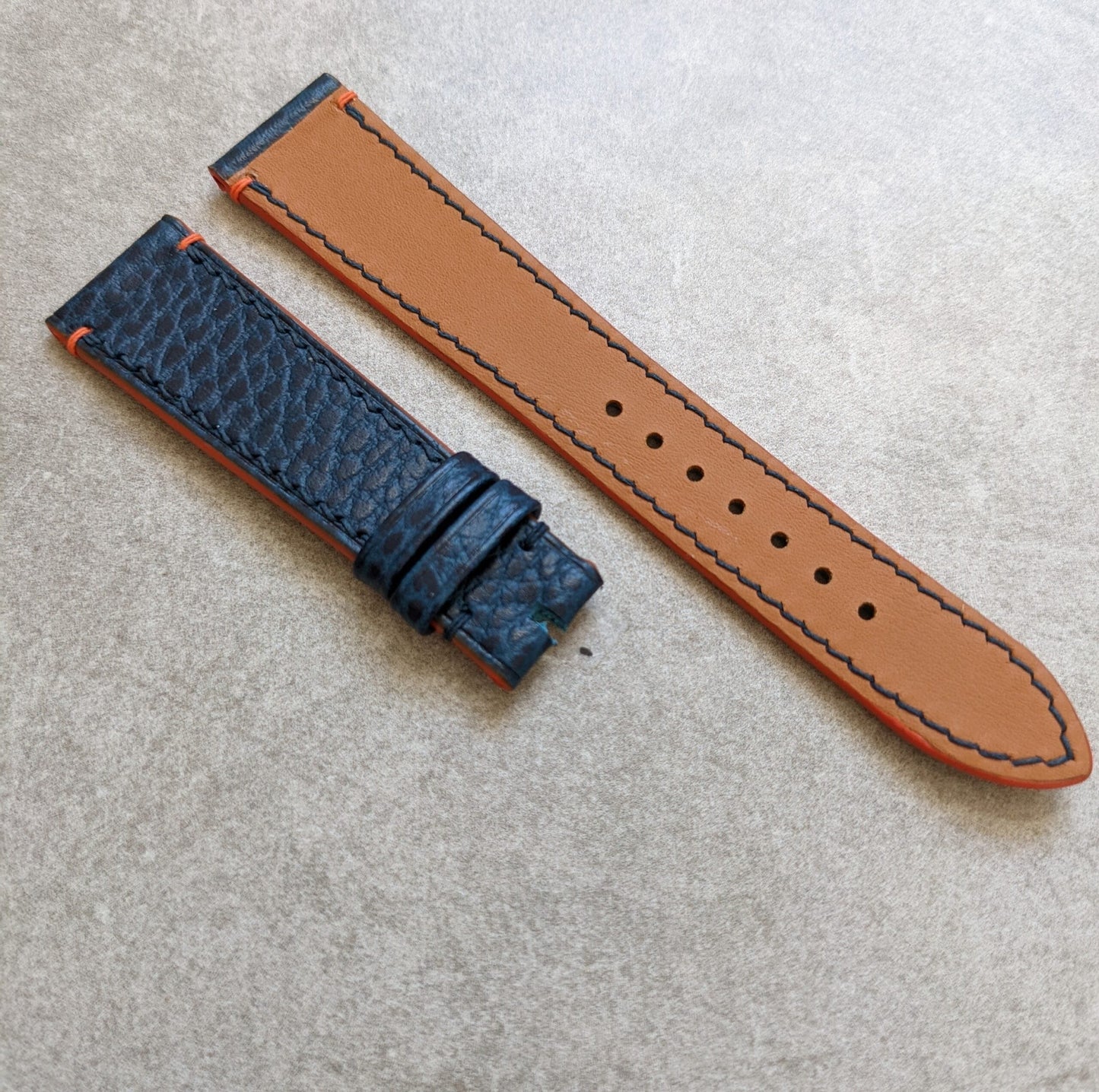 Pebbled Strap - Navy Blue - Orange Lug stitches & Edges