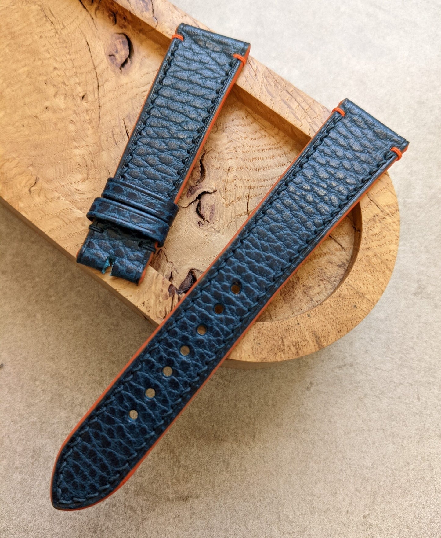 Pebbled Strap - Navy Blue - Orange Lug stitches & Edges