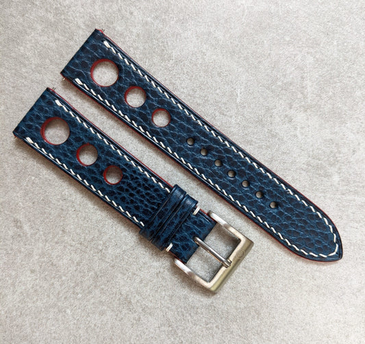 Pebbled Strap - Navy Blue - Rally Trio W/White stitching