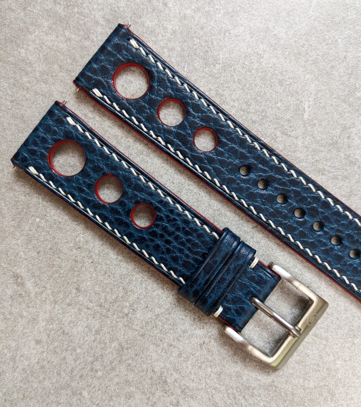 Pebbled Strap - Navy Blue - Rally Trio W/White stitching