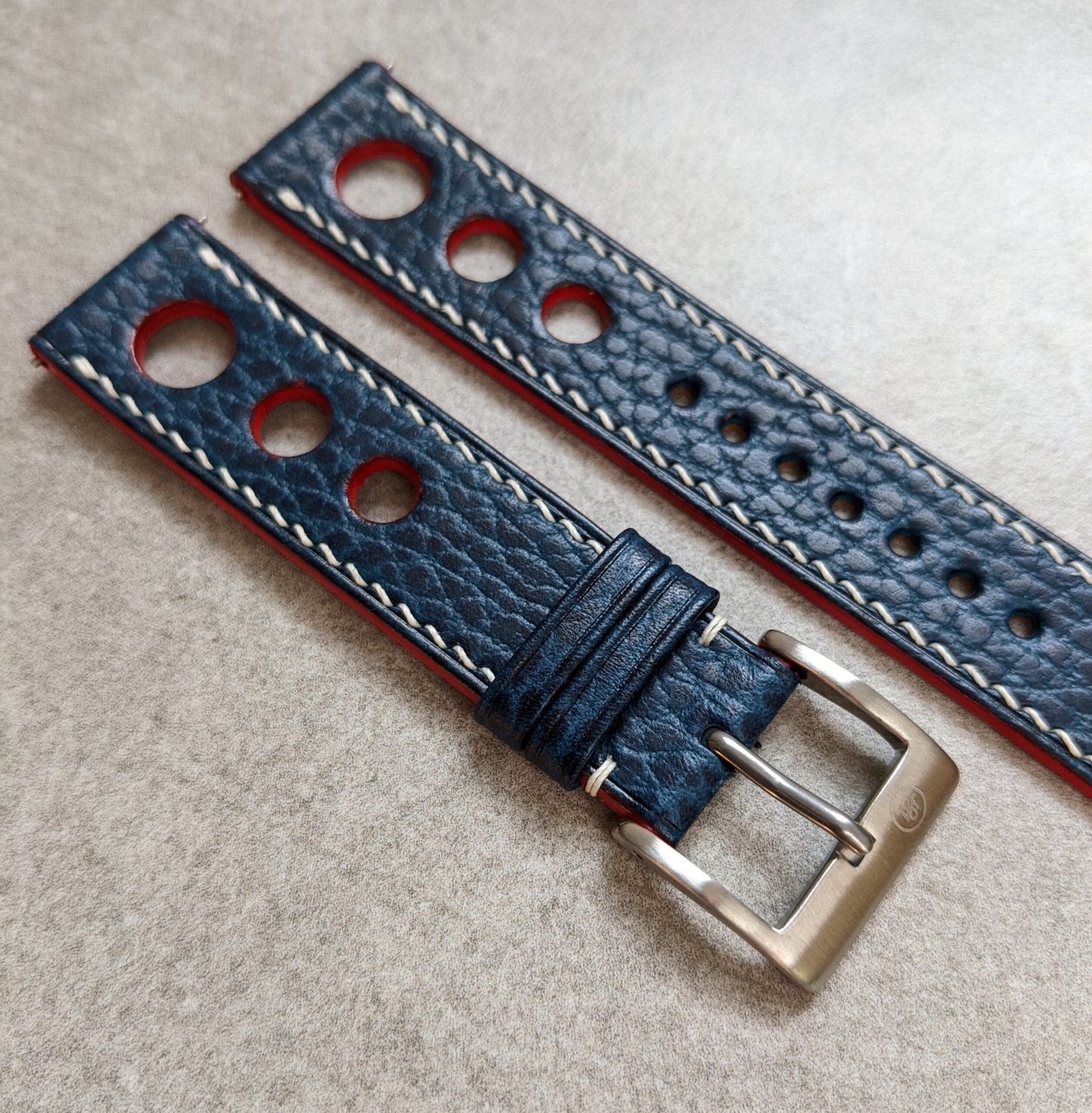 Pebbled Strap - Navy Blue - Rally Trio W/White stitching