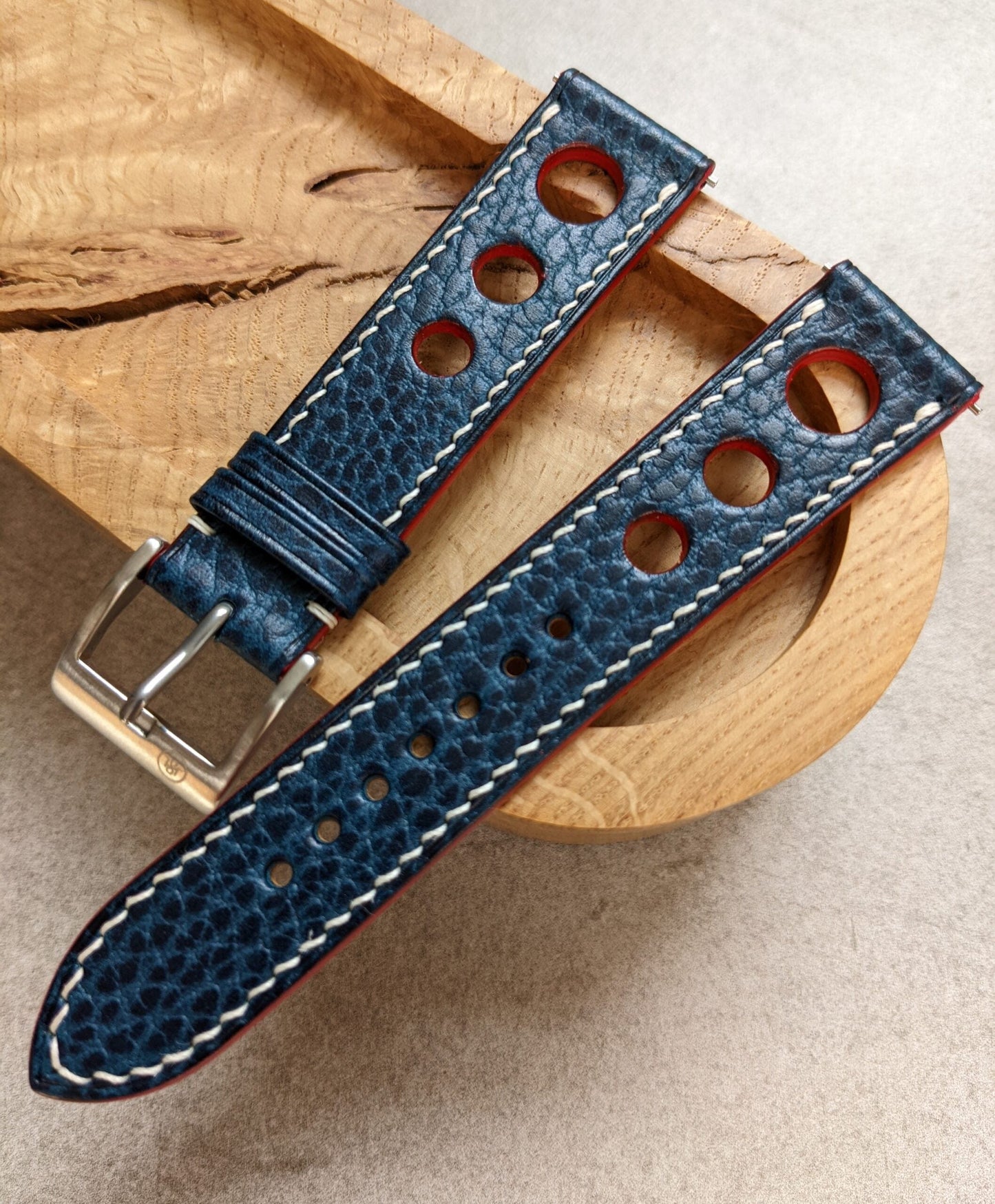 Pebbled Strap - Navy Blue - Rally Trio W/White stitching