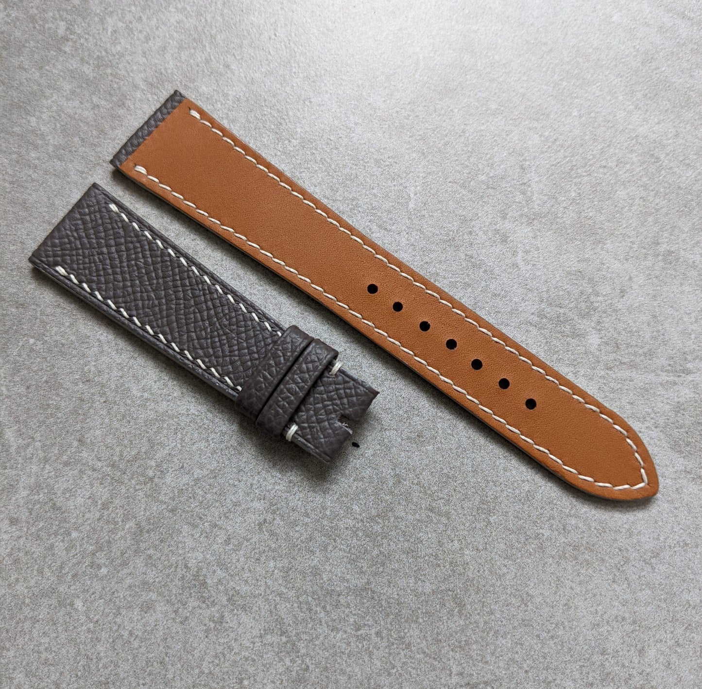 Epsom Calfskin Watch Strap - Dark Grey W/White stitching & Edges