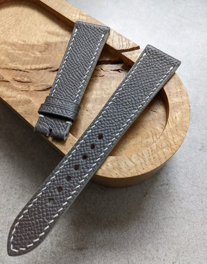 Epsom Calfskin Watch Strap - Dark Grey W/White stitching & Edges