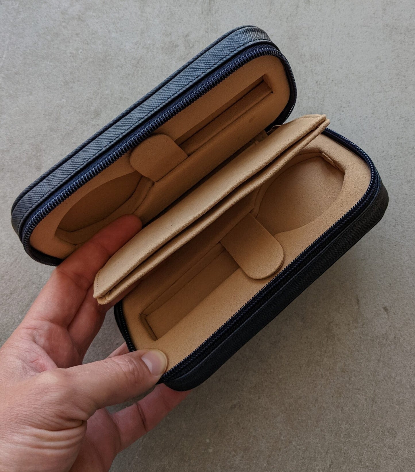 Navy Blue & Camel Travel Case - 2 Watch Zip Case