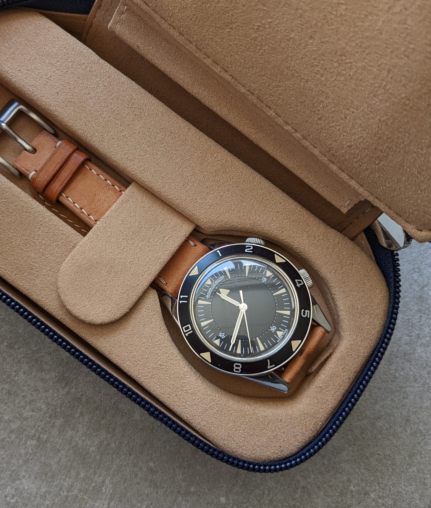 Navy Blue & Camel Travel Case - 2 Watch Zip Case