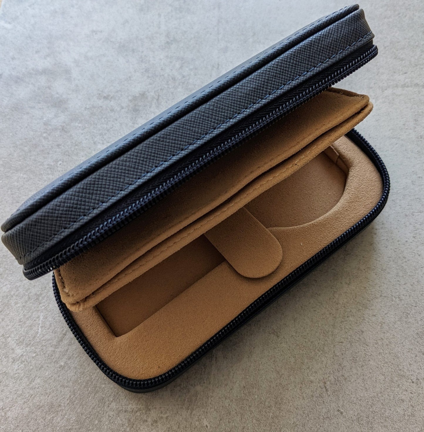 Navy Blue & Camel Travel Case - 2 Watch Zip Case