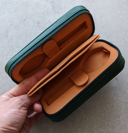 Green & Caramel Travel Case - 2 Watch Zip Case